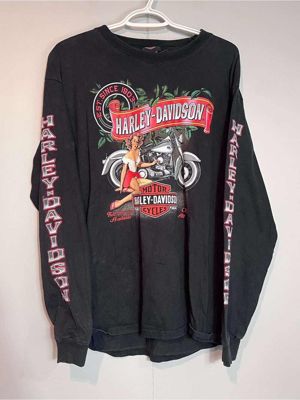 Vintage Harley-Davidson Mackie Oshawa Ontario Pinup Long Sleeve Tee